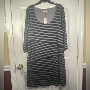 Loft striped layered scooped neck black and gray‎ dress. NWT